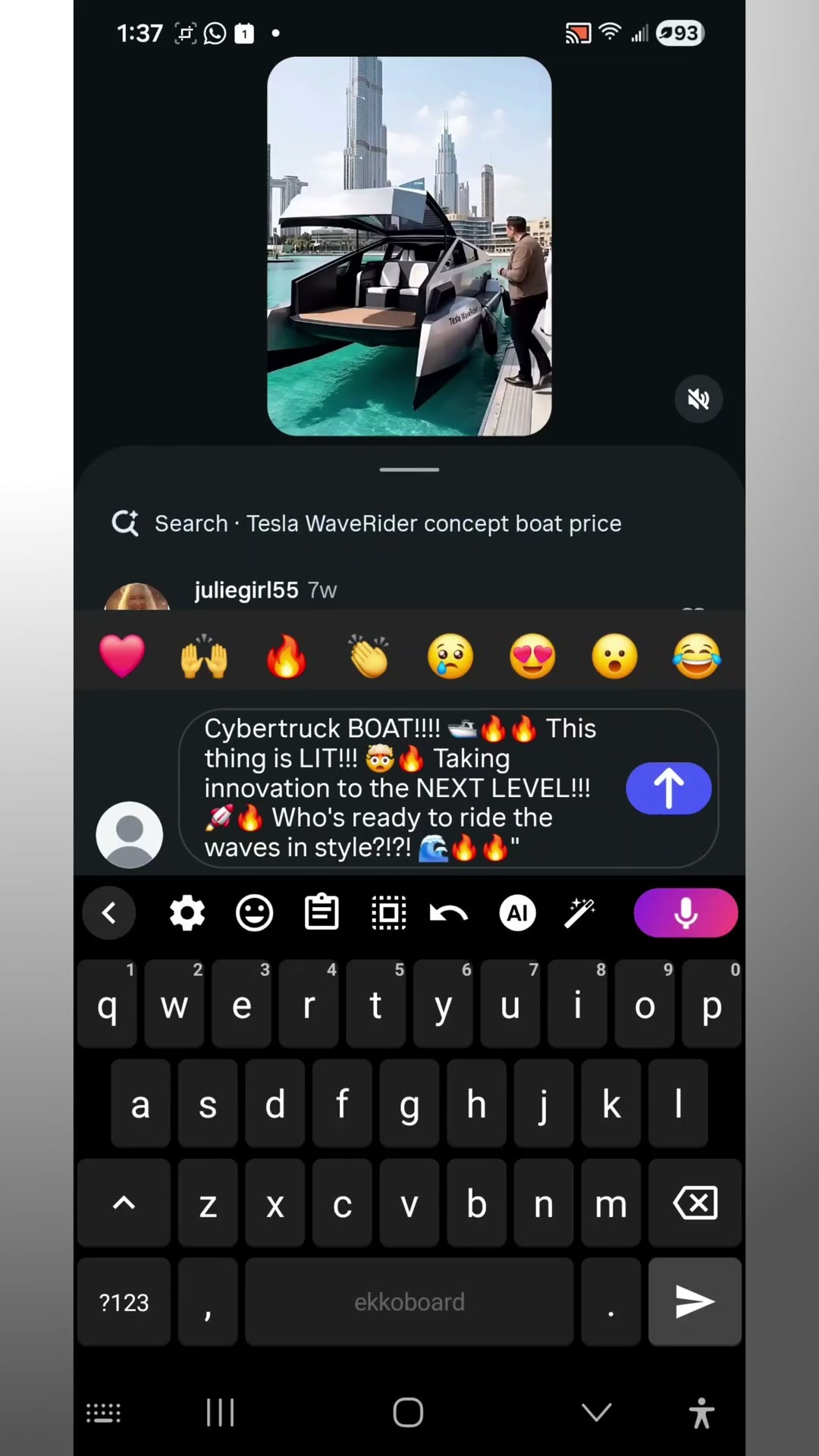 ekkoboard composing a social media reply by voice on an Android phone