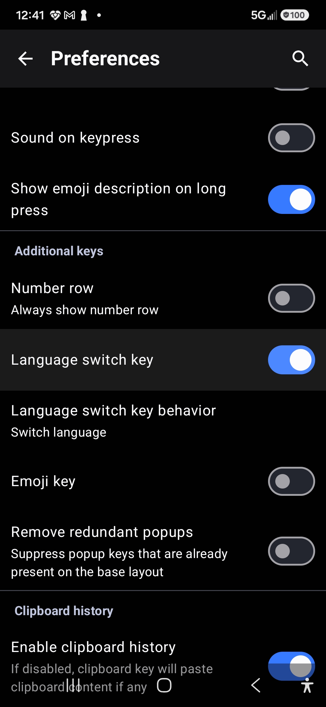 ekkoboard Preferences screen with the Language switch key toggle turned on
