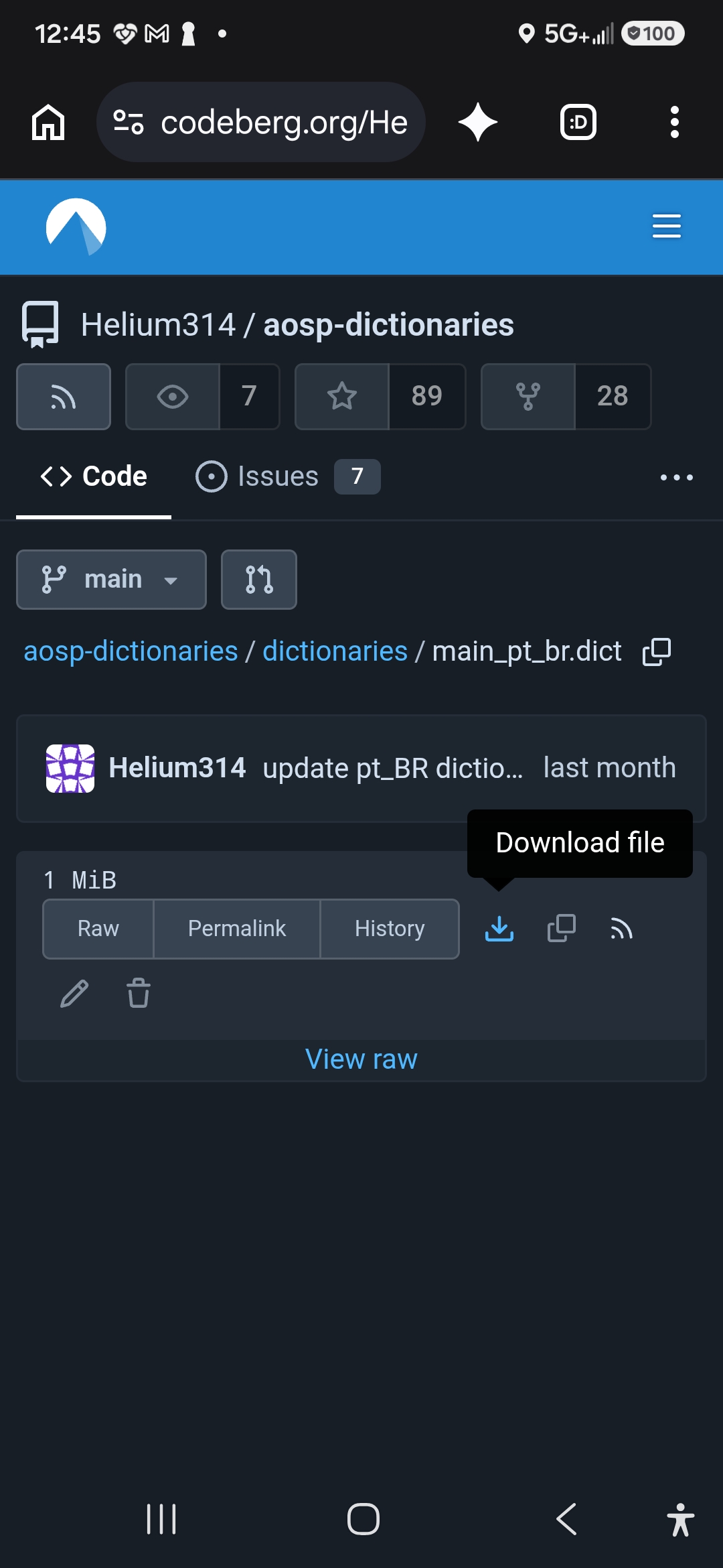 Codeberg file page for the Portuguese (Brazil) dictionary with the download icon highlighted