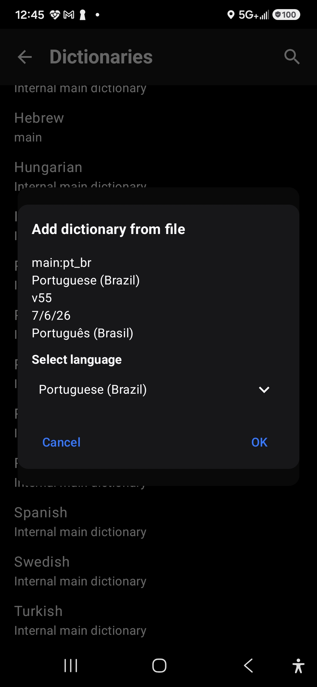 Add dictionary from file confirmation dialog showing Portuguese (Brazil), with Cancel and OK buttons