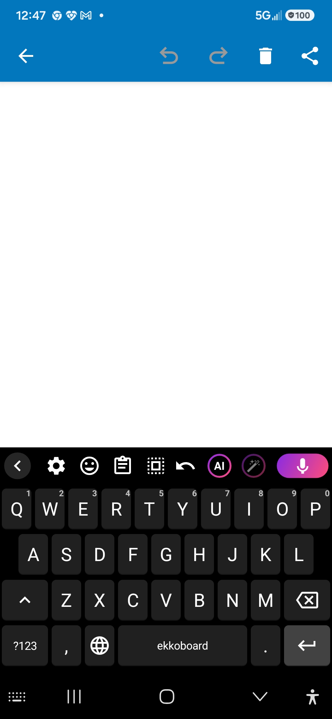 ekkoboard keyboard open on an empty text field, ready to type a test word